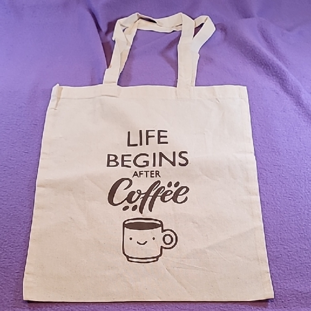 0743. Canvas Tote Bag with Life Begins With Coffee Screen Print